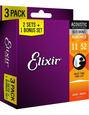 Elixir® 11-52 NANOWEB® 3Pack Cuerdas Guitarra Acústica Recubiertas Custom Light Bronze