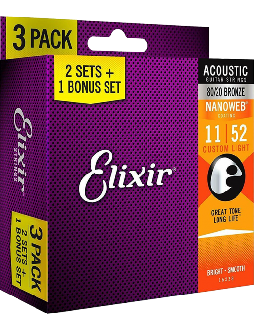 Elixir® Cuerdas Guitarra Acústica 6 Cuerdas 16538 11-52 Custom Light NANOWEB®  Phosphor Bronze Pack 3