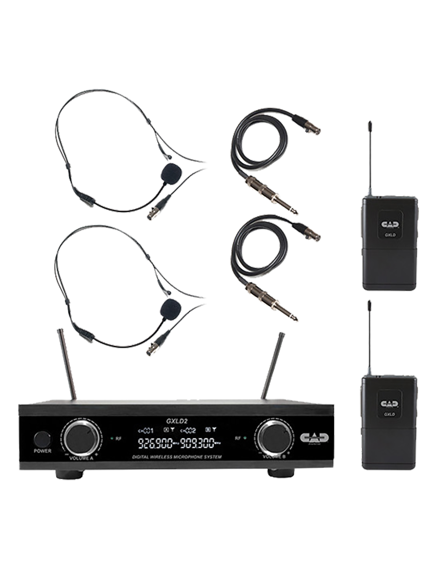 CAD AUDIO® Sistema Inalámbrico Digital Doble GLXD2 Micrófonos Headset WXHW + Cables Instrumentos