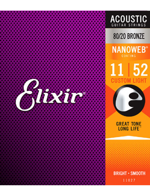 Elixir® Cuerdas Guitarra Acústica Folk 6 Cuerdas 11027 11-52 Custom Light Bronce 80/20 NANOWEB®