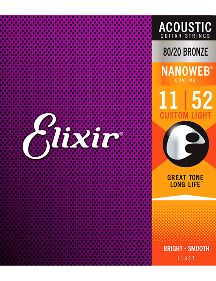 Elixir® Cuerdas Guitarra Acústica Folk 6 Cuerdas 11027 11-52 Custom Light Bronce 80/20 NANOWEB®