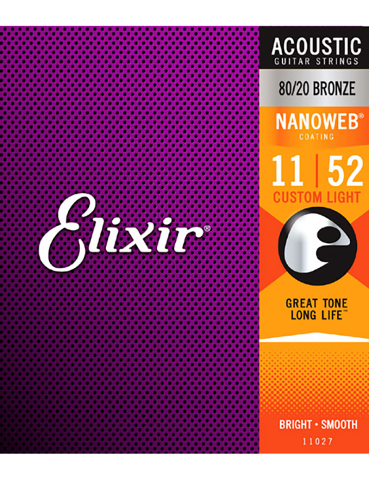 Elixir® Cuerdas Guitarra Acústica Folk 6 Cuerdas 11027 11-52 Custom Light Bronce 80/20 NANOWEB®