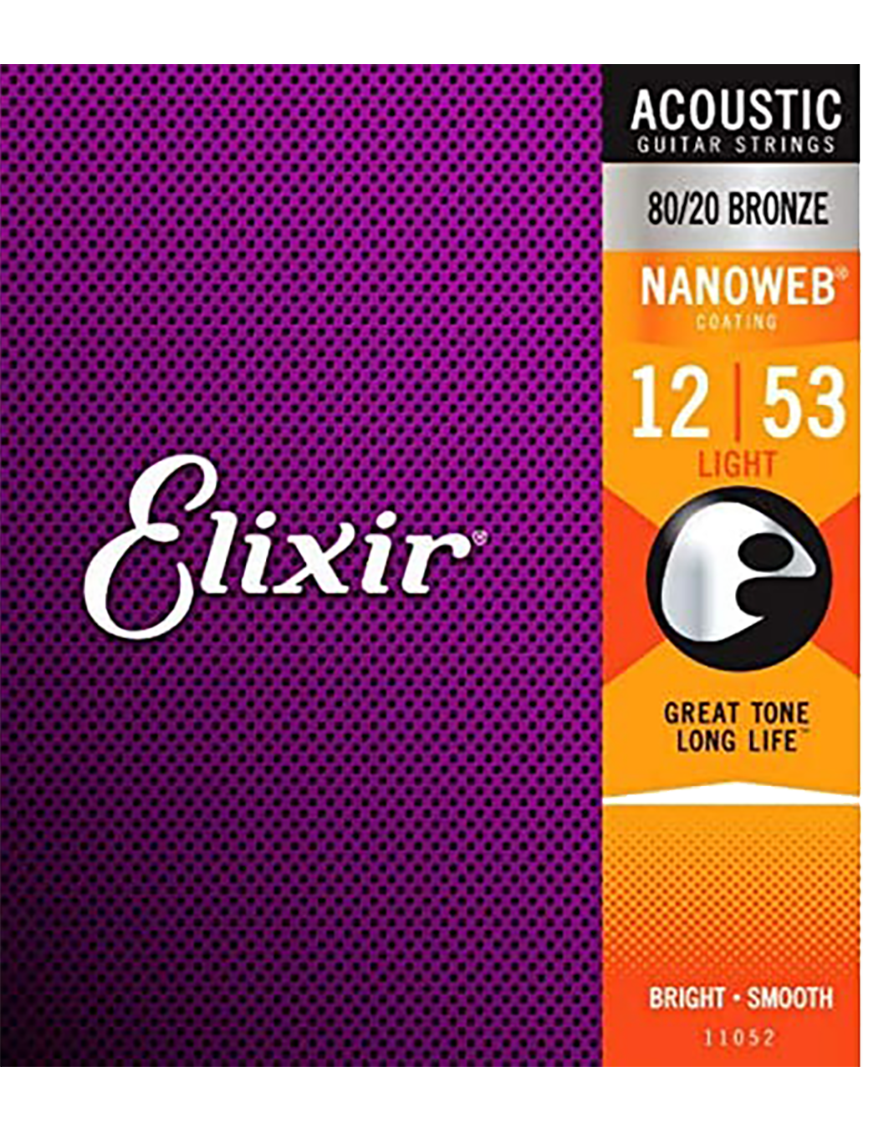 Elixir® Cuerdas Guitarra Acústica Folk 6 Cuerdas 11052 12-53 Light Bronce 80/20 NANOWEB®