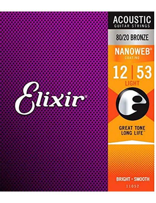 Elixir® Cuerdas Guitarra Acústica Folk 6 Cuerdas 11052 12-53 Light Bronce 80/20 NANOWEB®