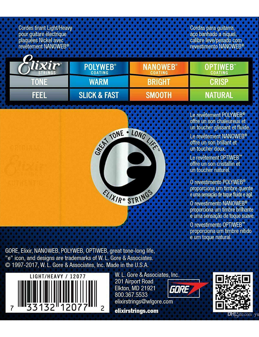 Elixir® Cuerdas Guitarra Eléctrica 6 Cuerdas 12077 10-52 Light Heavy Nickel Plated Steel NANOWEB®