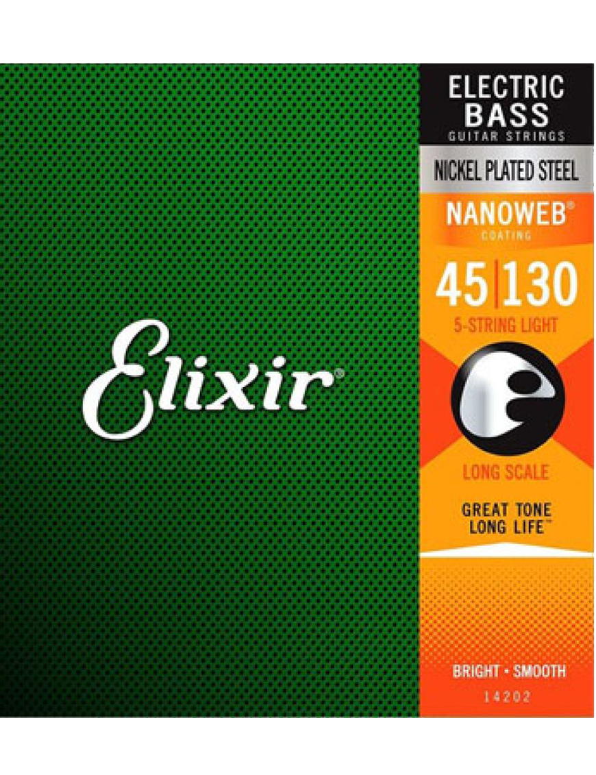 Elixir® Cuerdas Bajo Eléctrico 5 Cuerdas 14202 45-130 Light Nickel Plated Steel NANOWEB®