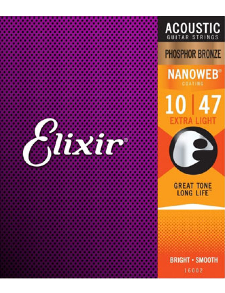 Elixir® Cuerdas Guitarra Acústica Folk 6 Cuerdas 16002 10-47 Extra Light Phosphor Bronze NANOWEB®