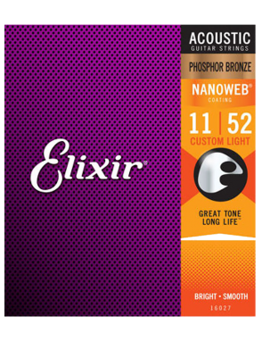 Elixir® Cuerdas Guitarra Acústica Folk 6 Cuerdas 16027 11-52 Custom Light Phosphor Bronze NANOWEB®