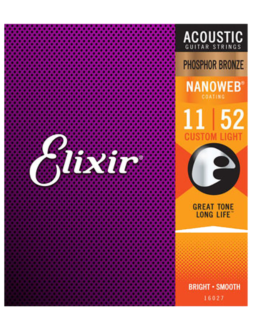 Elixir® Cuerdas Guitarra Acústica Folk 6 Cuerdas 16027 11-52 Custom Light Phosphor Bronze NANOWEB®