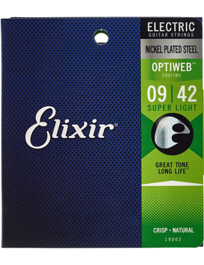 Elixir® Cuerdas Guitarra Eléctrica 6 Cuerdas 19002 9-42 Super Light Nickel Plated Steel OPTIWEB®