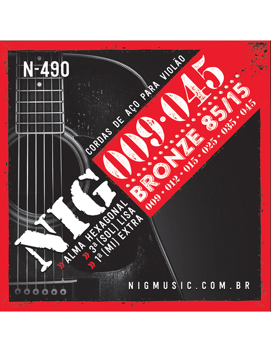 NIG® N-490 Cuerdas Guitarra Acústica Folk 6 Cuerdas 9-45 85/15 Bronze Extra : 1 Cuerda (1ra) y 1 Uñeta