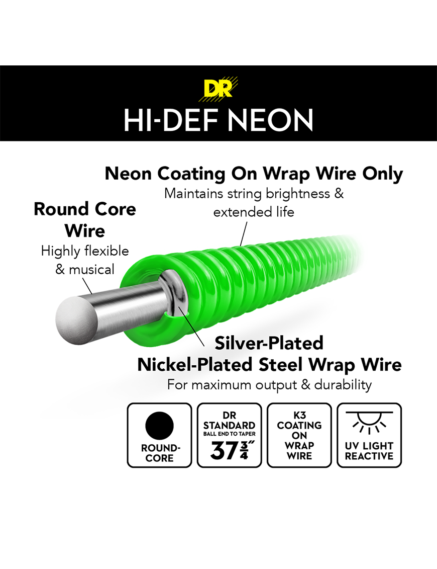 DR NEON™ NGB5-45 Cuerdas Bajo Eléctrico 5 Cuerdas 45-125 Medium Color: Verde