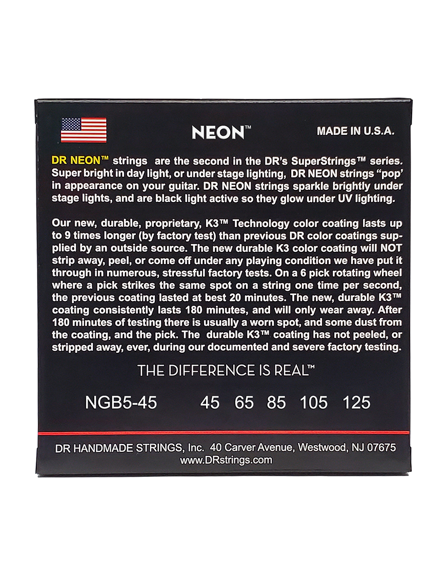 DR NEON™ NGB5-45 Cuerdas Bajo Eléctrico 5 Cuerdas 45-125 Medium Color: Verde