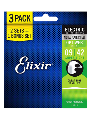 Elixir® 16550 Cuerdas Guitarra Eléctrica 6 Cuerdas Pack 3 Recubiertas 9-42 Super Light OPTIWEB®