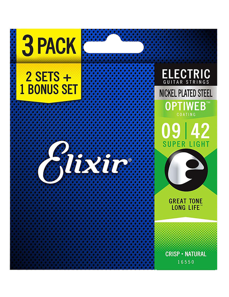 Elixir® 16550 Cuerdas Guitarra Eléctrica 6 Cuerdas Pack 3 Recubiertas 9-42 Super Light OPTIWEB®