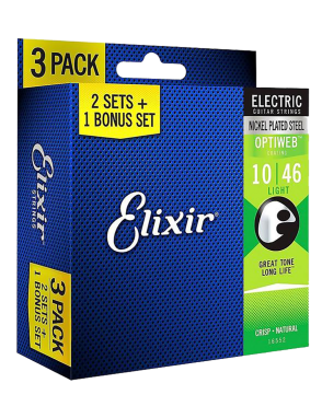 Elixir® 16552 Cuerdas Guitarra Eléctrica 6 Cuerdas Pack 3 Recubiertas 10-46 Light OPTIWEB®