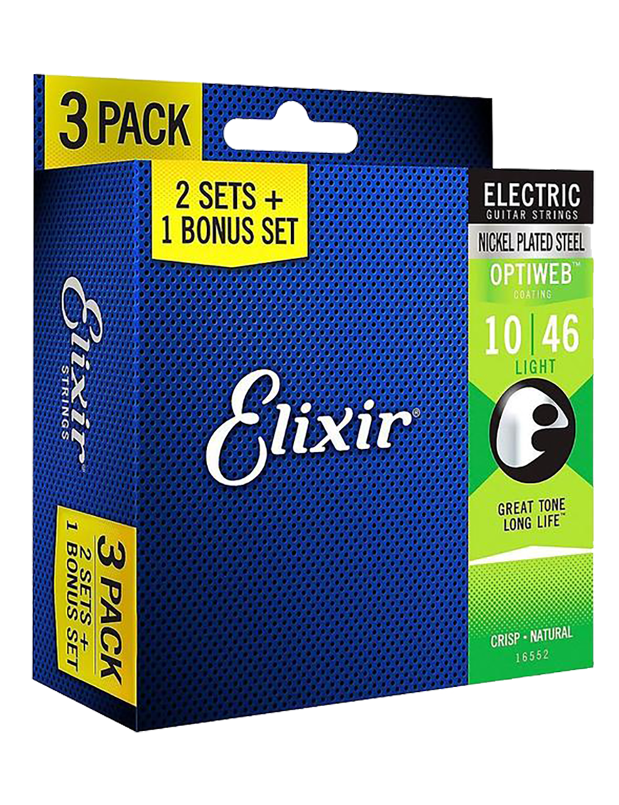 Elixir® 16552 Cuerdas Guitarra Eléctrica 6 Cuerdas Pack 3 Recubiertas 10-46 Light OPTIWEB®