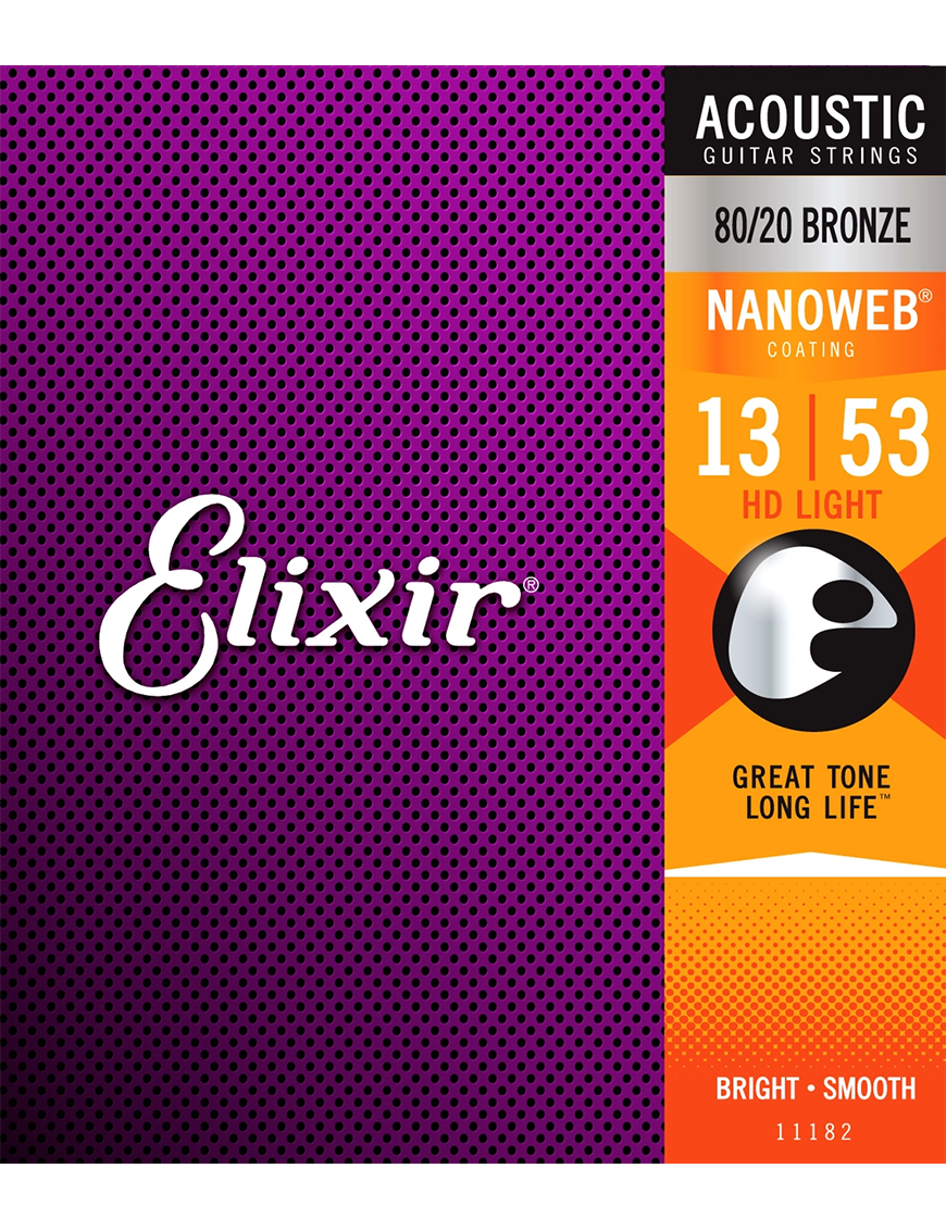 Elixir® 11182 Cuerdas Guitarra Acústica Folk 6 Cuerdas Recubiertas 13-53 HD Light Bronce 80/20 NANOWEB®