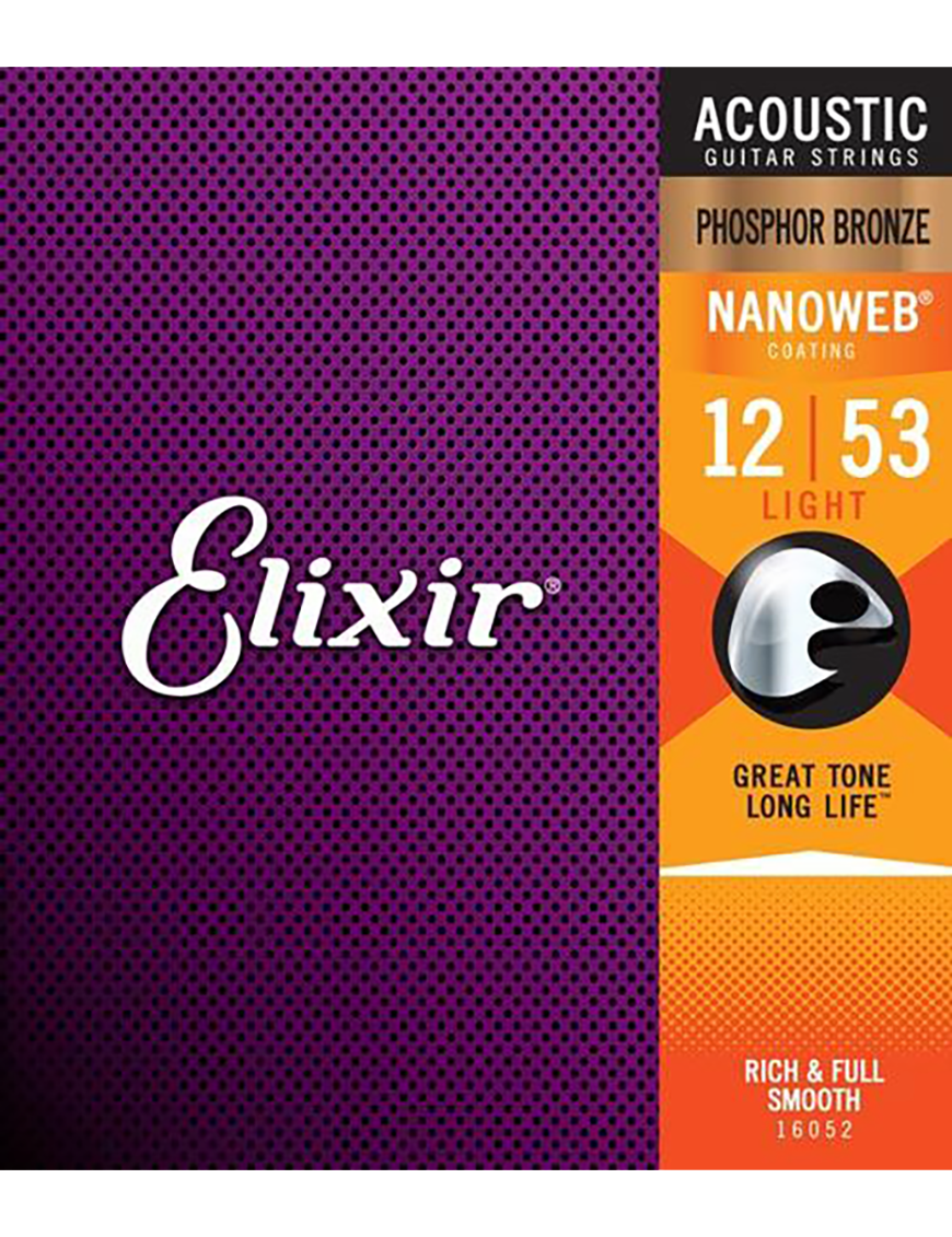 Elixir® 16052 Cuerdas Guitarra Acústica Folk 6 Cuerdas Recubiertas 12-53 Light Phosphor Bronze NANOWEB®
