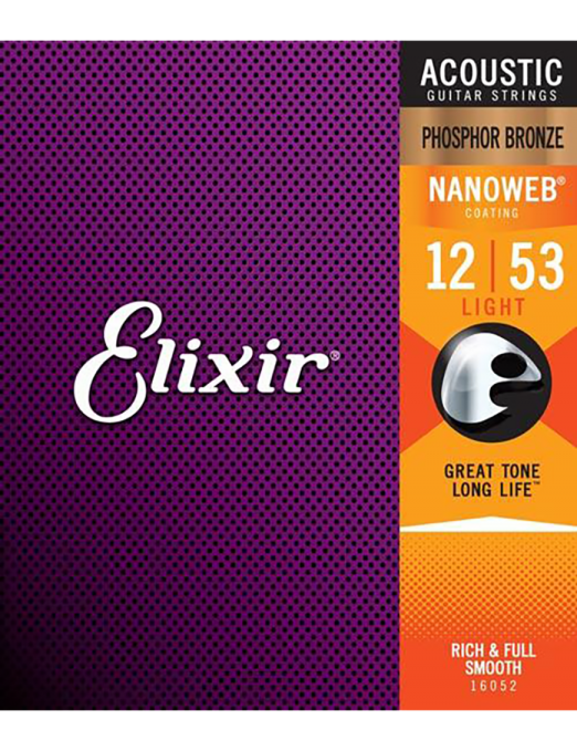 Elixir® 16052 Cuerdas Guitarra Acústica Folk 6 Cuerdas Recubiertas 12-53 Light Phosphor Bronze NANOWEB®