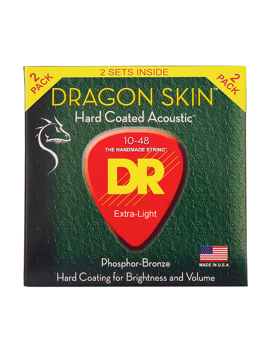 DR DRAGON SKIN™ DSA2-10 Cuerdas Guitarra Acústica Folk 6 Cuerdas Pack 2 Recubiertas 10-48 Extra Light Phosphor Bronze