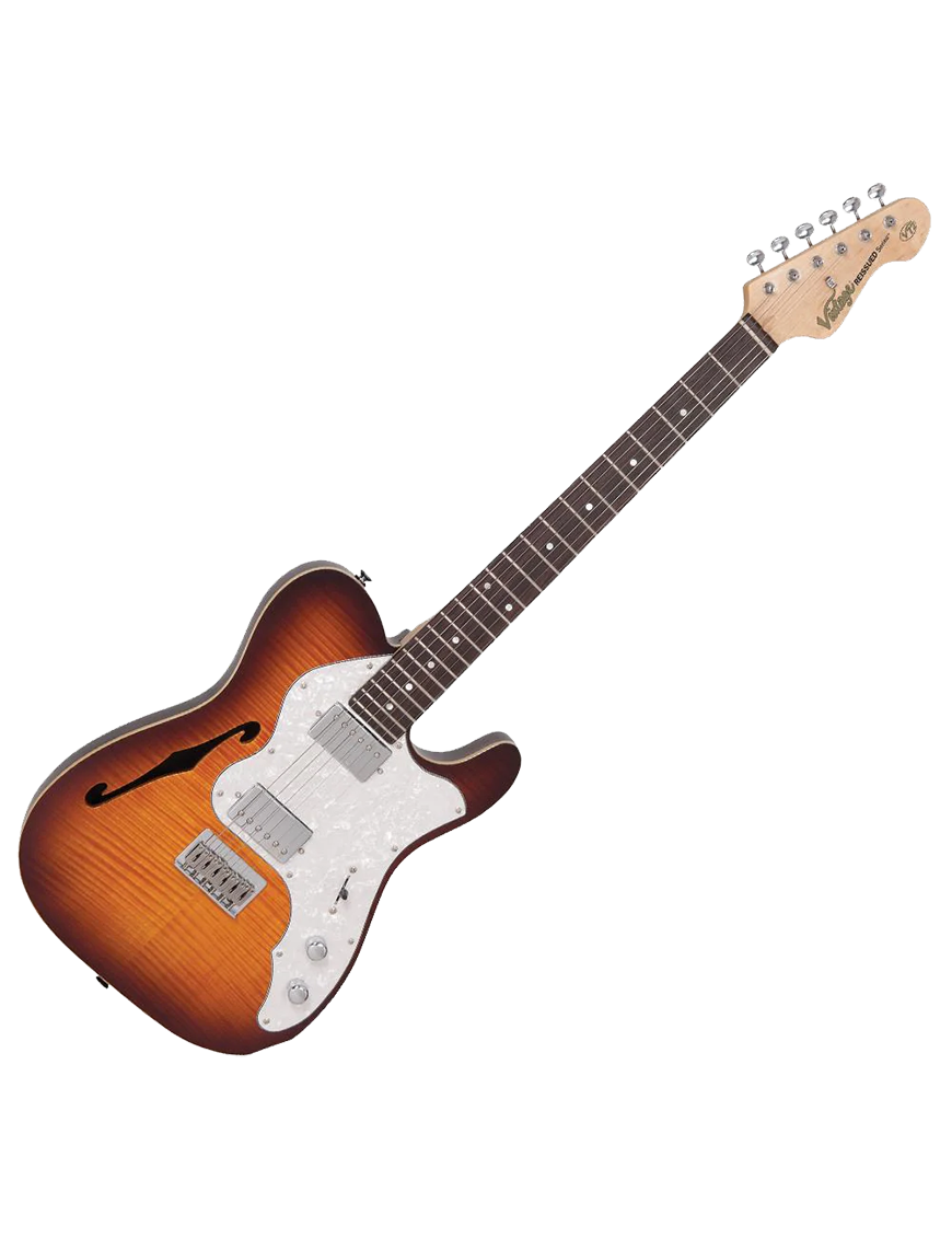 Vintage® V72 Guitarra Eléctrica Semi Hollow Hardtail Tele® Color: Flame Tobacco Burst