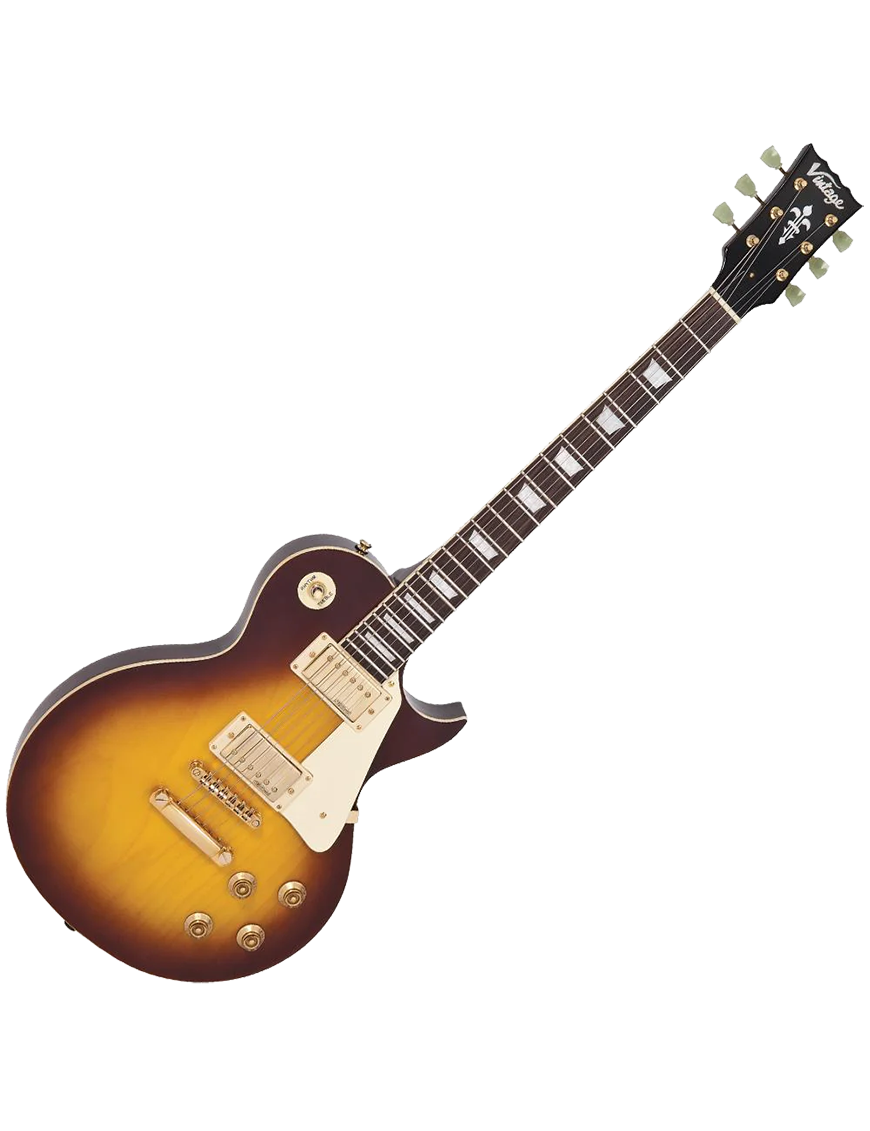 Vintage® V100 Guitarra Eléctrica Les Paul® Hardware Gold Color: Flamed Tobacco Sunburst