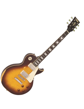 Vintage® V100 Guitarra Eléctrica Les Paul® Gastada Color: Tobacco Sunburst