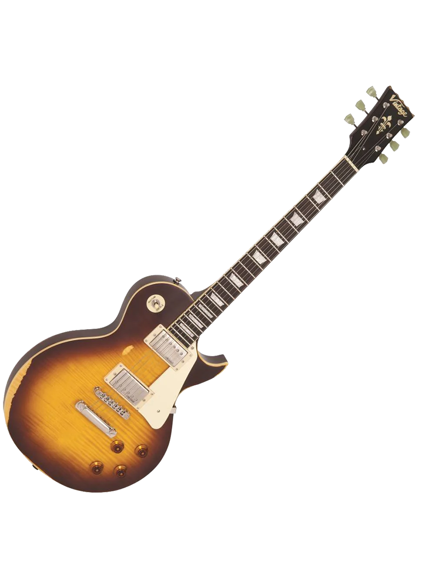 Vintage® V100 Guitarra Eléctrica Les Paul® Gastada Color: Tobacco Sunburst