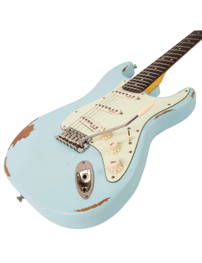 Vintage® V6M Guitarra Eléctrica SSS Maple Tremolo Gastada Color: Laguna Blue