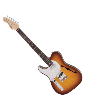 Vintage® LV72 Guitarra Eléctrica Zurdo Semi Hollow Tele® Color: Flame Tobacco Burst