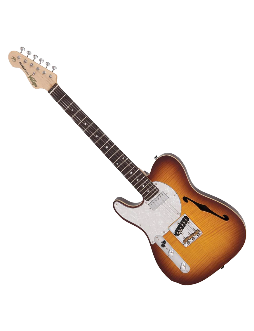 Vintage® LV72 Guitarra Eléctrica Zurdo Semi Hollow Tele® Color: Flame Tobacco Burst