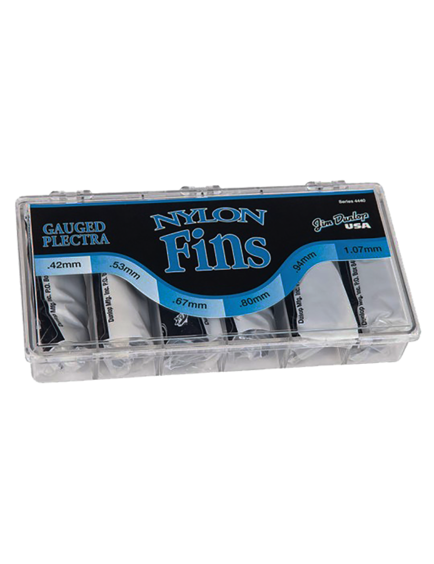 Dunlop® 4440 Uñetas Nylon Fins 444 Calibres: .42, .53, .67, 80, .94, 1.07 mm | Dispensador: 216 Unidades
