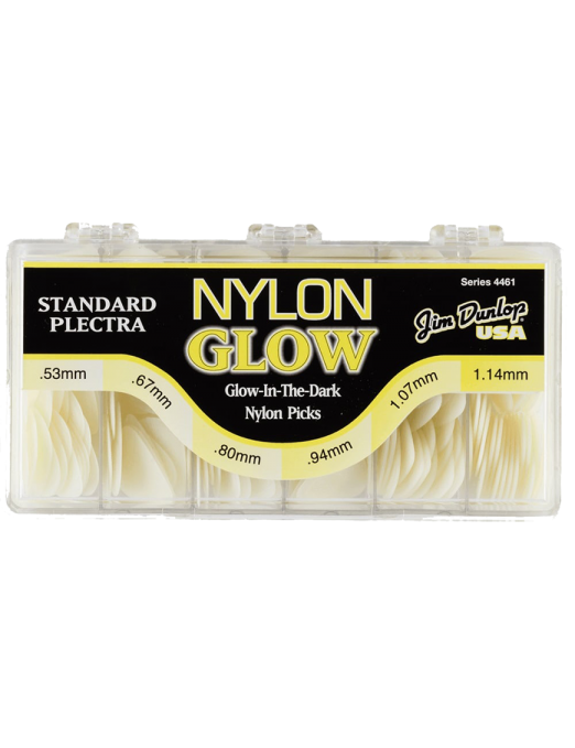 Dunlop® 4461 Uñetas Nylon Glow 446 Calibres: .53, .67, .80, .94, 1.07, 1.14 mm | Dispensador: 216 Unidades