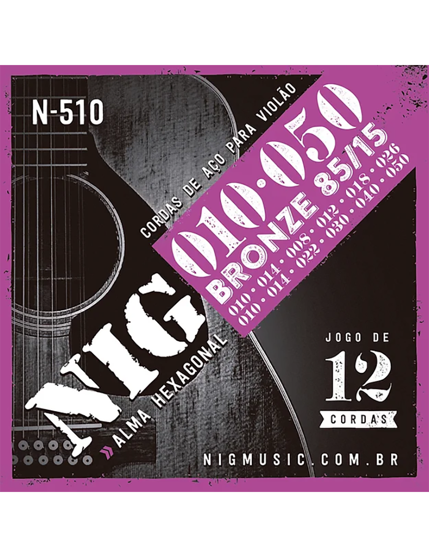 NIG® N-510 Cuerdas Guitarra Acústica Folk 12 Cuerdas 10-50 85/15 Bronze
