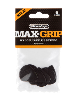 Dunlop® 471-3S Uñetas Max-Grip® Jazz III Stiffo | Color: Negro Bolsa: 6 Unidades