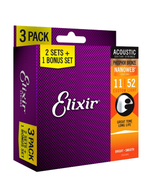 Elixir® 16544 Cuerdas Guitarra Acústica Folk 6 Cuerdas Pack 3 Recubiertas 11-52 Custom Light NANOWEB® Phosphor B