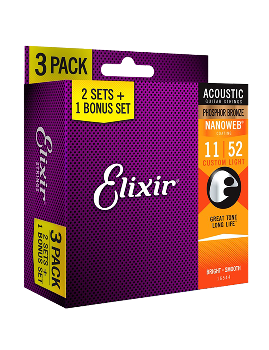 Elixir® 16544 Cuerdas Guitarra Acústica Folk 6 Cuerdas Pack 3 Recubiertas 11-52 Custom Light NANOWEB® Phosphor B