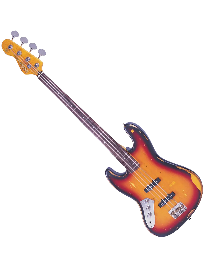 Vintage® V74 Bajo Eléctrico Zurdo JB Fretless Gastado | Sunburst