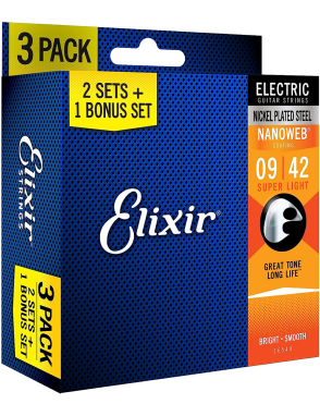Elixir® 16540 9-42 3 Pack Cuerdas Guitarra Eléctrica Super Light NANOWEB®