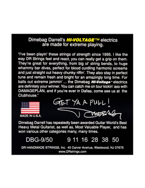 DR Dimebag Darrell Hi-Voltage 9-50 Cuerdas Guitarra Eléctrica 6 Cuerdas Signature