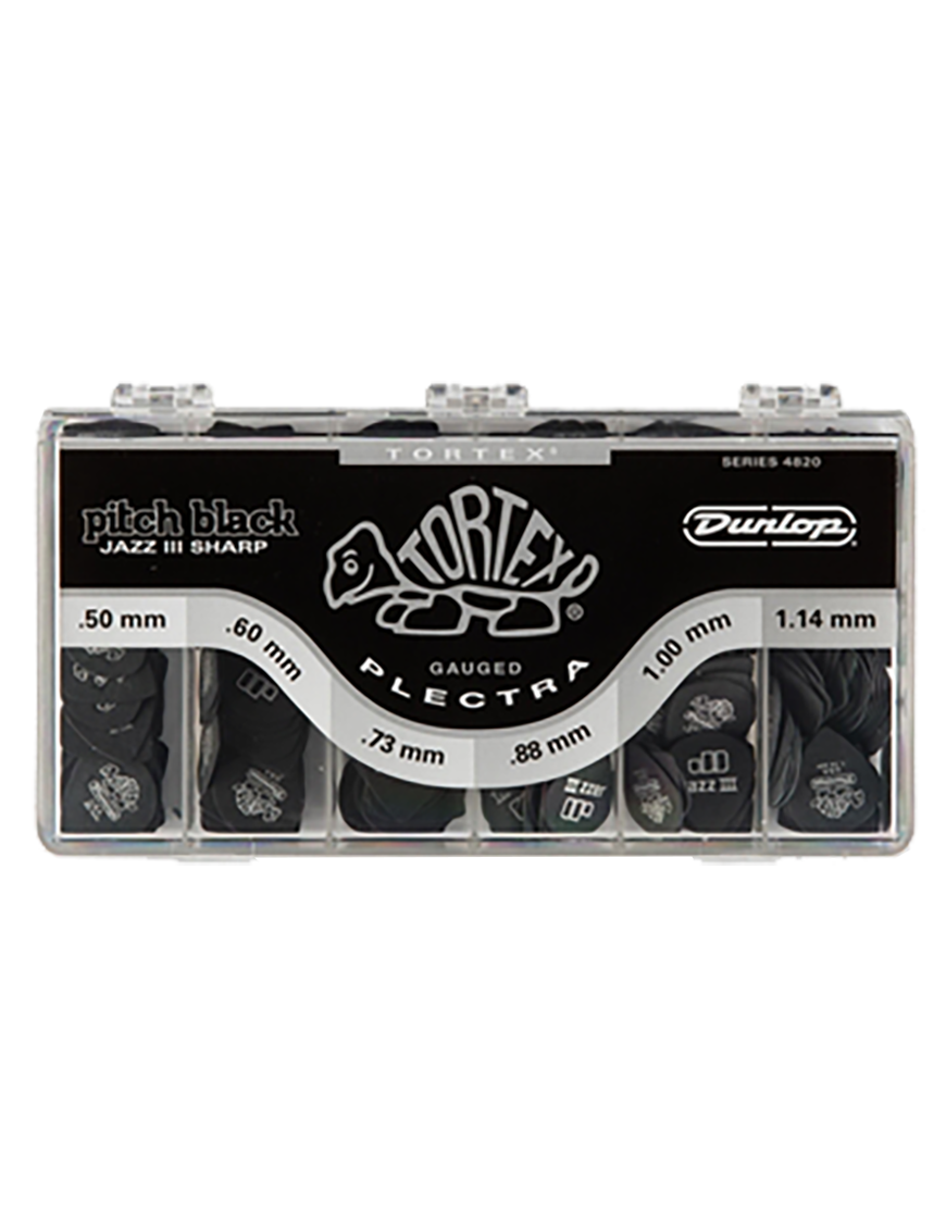 Dunlop® 482 Uñetas Tortex® Pitch Black Jazz III Calibres: .50, .60, .73, .88, 1.00, 1.14 mm | Dispensador: 432 Unidades