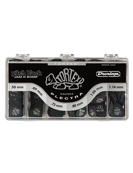 Dunlop® 482 Uñetas Tortex® Pitch Black Jazz III Calibres: .50, .60, .73, .88, 1.00, 1.14 mm | Dispensador: 432 Unidades