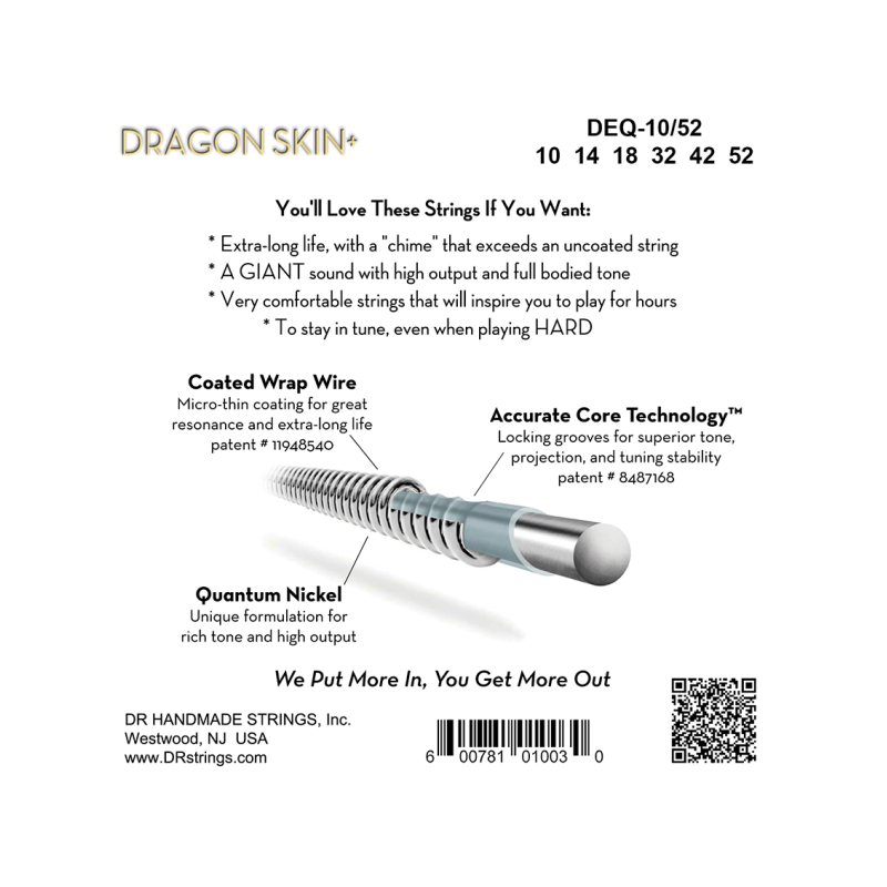 DR DRAGON SKIN+™ 10-52 Cuerdas Guitarra Eléctrica Quantum Nickel Recubiertas