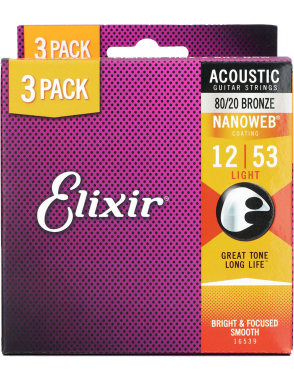 Elixir® 12-53 NANOWEB® 3Pack Cuerdas Guitarra Acústica Recubiertas Light Bronze 80/20