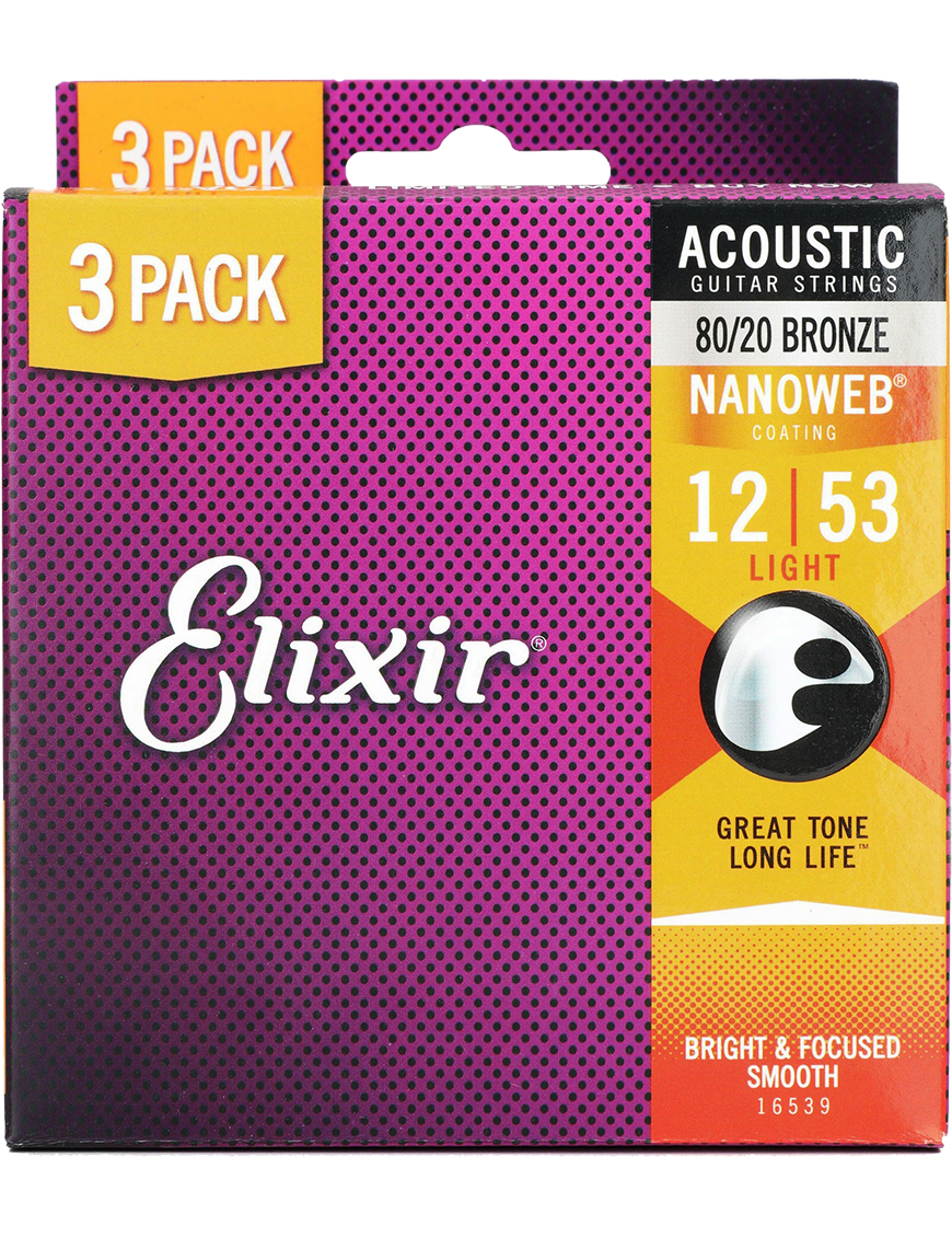 Elixir® 12-53 NANOWEB® 3Pack Cuerdas Guitarra Acústica Recubiertas Light Bronze 80/20