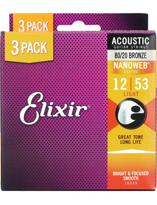 Elixir® 12-53 NANOWEB® 3Pack Cuerdas Guitarra Acústica Recubiertas Light Bronze 80/20