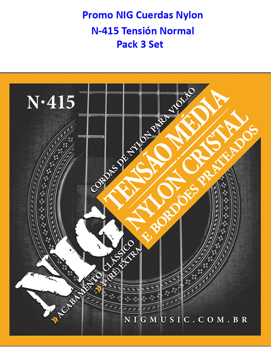 NIG® Pack x 3 N-415 Cuerdas Guitarra Clásica Nylon Tensión Media 28-43 Extra :  Por Cada Set 1 Cuerda (4ta) y 1 Uñeta