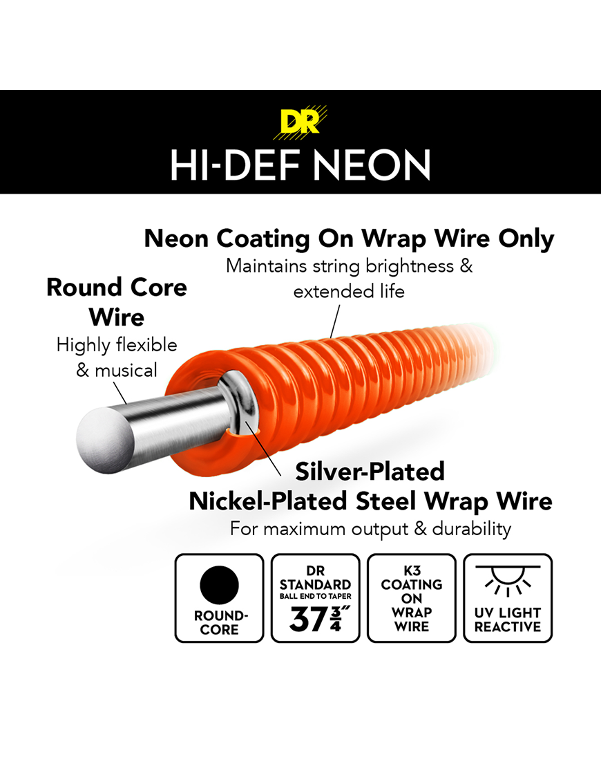 DR Hi-DEF NEON™ Orange 45-125 Cuerdas Bajo Eléctrico 5 Cuerdas Medium | Naranjo