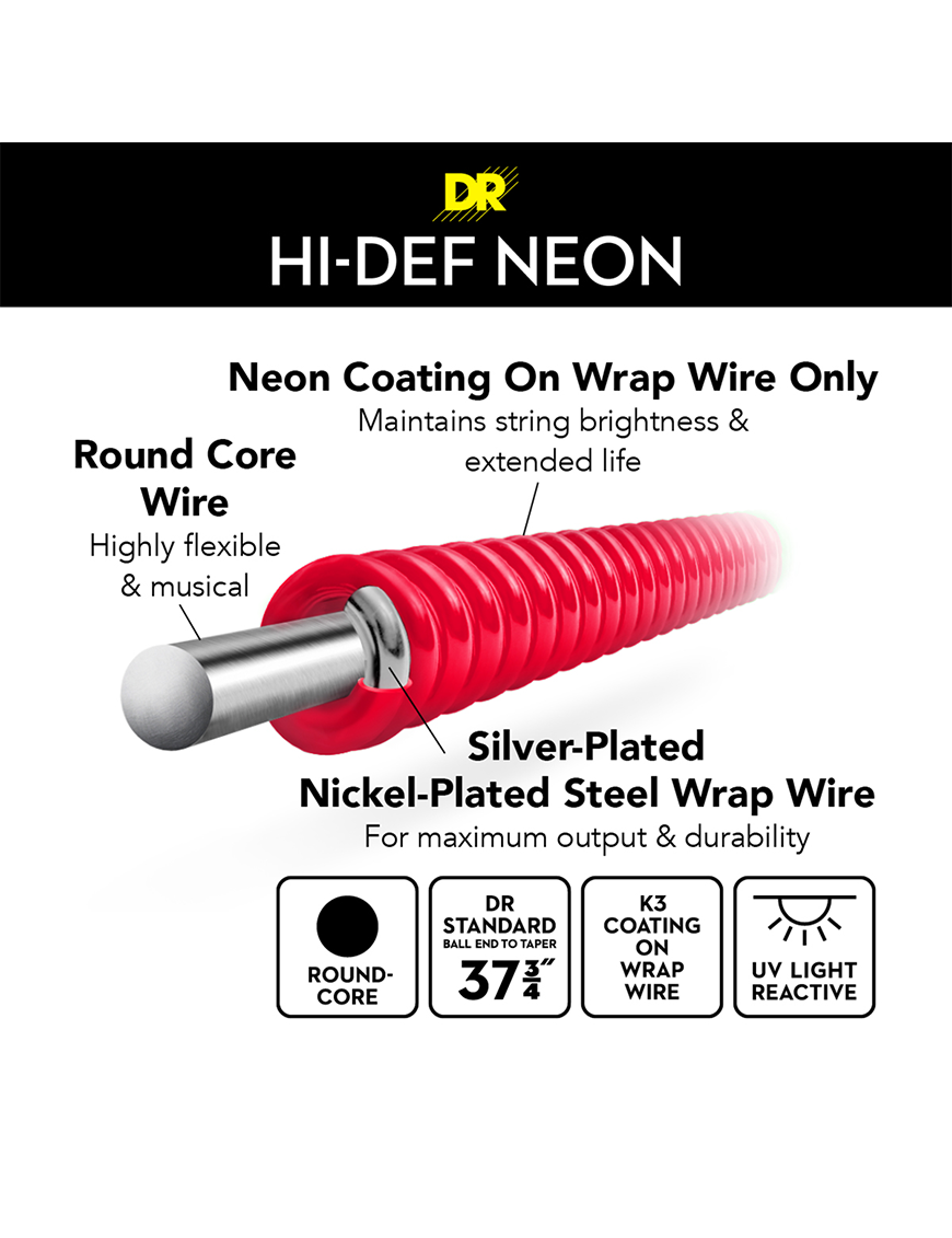 DR HI-DEF NEON™ Red 45-125 Cuerdas Bajo Eléctrico 5 Cuerdas Medium | Rojo